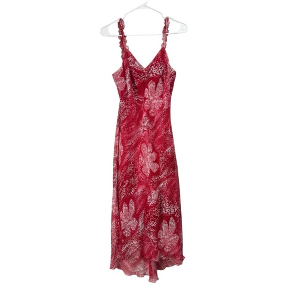 Vintage Dresses & Skirts - Vintage Y2K Size 12 Red Polka Dot Floral Fairy Slip Dress Hi Low Ruffle Babydoll